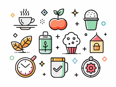 Clean, vector icons represent various daily activities with pastel colors.のイラスト素材
