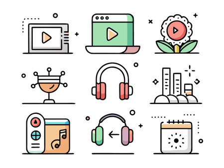 Colorful flat design icons depicting business communication and media sharing.のイラスト素材