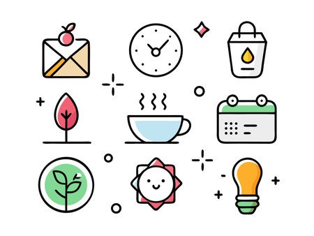 Collection of colorful icon vector graphics representing business tools objects.のイラスト素材