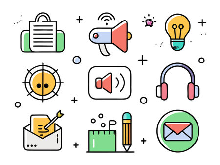 Colorful vector icons presents objects and symbols on a clean white background.のイラスト素材