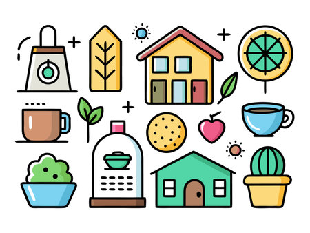 A colorful collection of illustrated home and garden icons on white background.のイラスト素材