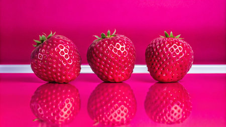 Three vibrant strawberries arranged in a row against a vibrant fuchsia background, reflecting perfectly on the surface.の素材