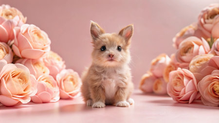 Adorable fluffy puppy sitting amidst peach roses.の素材
