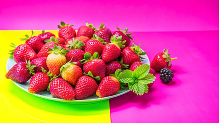 Fresh strawberries on a plate with mint and a blackberry, vibrant colors.の素材