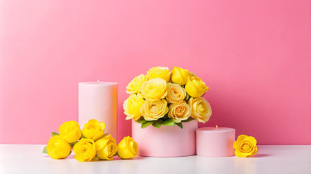 Pink background with yellow roses and candles.の素材