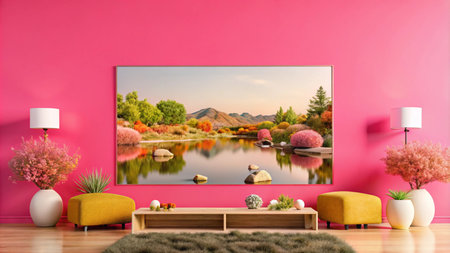 Modern living room with large framed autumn landscape print on a pink wall.の素材