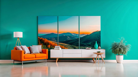 Modern living room with orange sofa, teal wall, and landscape art.の素材
