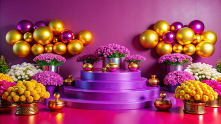 Festive purple display with flowers and balloons.の素材