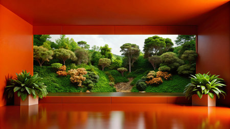 Orange room with vibrant green landscape view.の素材