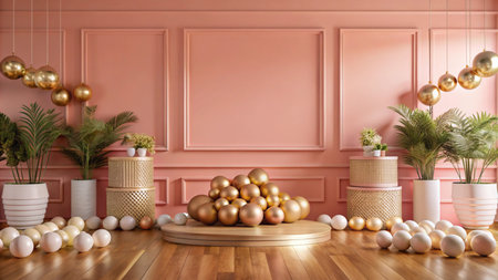 Elegant, gold and cream decor, room scene,  display,  podium,  modern,  interior,  pink,  wall,  decorations,  balls,  plants,  potted,  round,  wooden,  floor,  3d,  rendering,  empty,  backdrop,  background,  design,  presentation,  luxury,  exhibit,  showcase,  celebration,  festive,  party,  holiday,  home,  style,  geometric,  art,  mockup.の素材