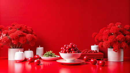 Red aesthetic still life with cherries, flowers, and candles on a vibrant red surface.の素材