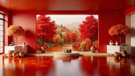 Red room with autumnal landscape mural, minimalist decor.の素材