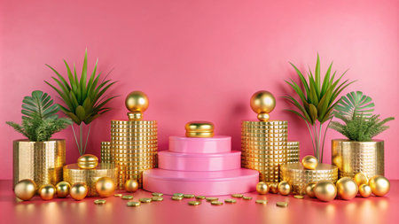 Pink &amp; gold geometric podium with plants.の素材