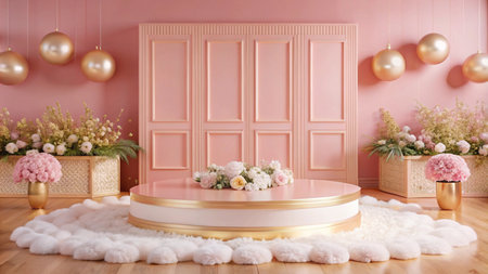Pink &amp; gold round podium with flowers, balloons &amp; wall backdrop.の素材