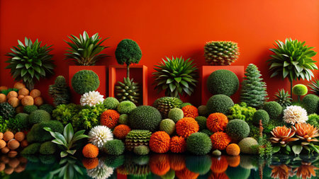 A vibrant and colorful display of plants and flowers against a bold orange background.の素材