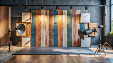 Modern photography studio with wooden backdrop, lighting equipment, and white canvases.の素材
