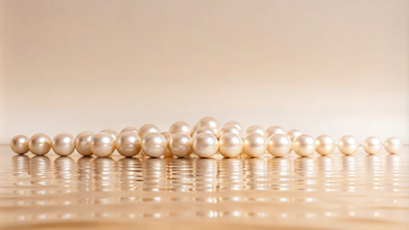 A cluster of white pearls scattered on a reflective surface against a soft beige background.の素材