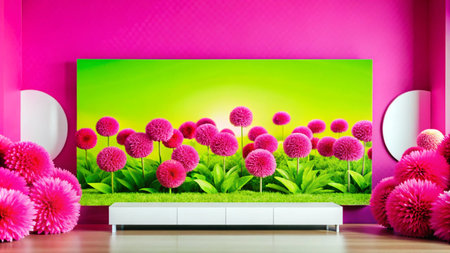 Pink and green wall mural with pink flowers in a modern interior.の素材