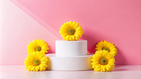 White pedestal with yellow flowers on a pink background.の素材