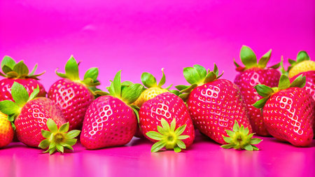 A row of ripe red strawberries with green leaves on a vibrant pink background.の素材