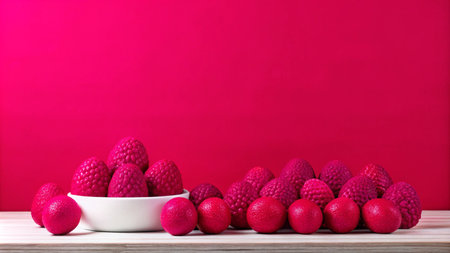 Pink Easter eggs in a white bowl on a wooden table with a pink background.の素材