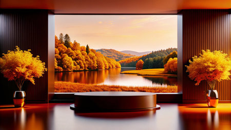 Minimalist interior with a round podium in front of a large window overlooking a beautiful autumn landscape with golden trees reflected in the water.の素材