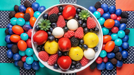 A bowl of fruit and eggs surrounded by colorful candy on a patterned background.の素材