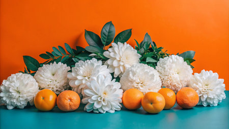White flowers and oranges against a bright orange and teal background.の素材