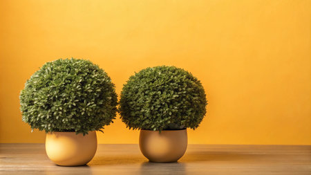 Two small potted plants with round green leaves on a wooden table against a bright yellow wall.の素材