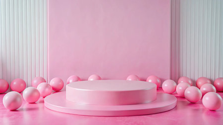 Pink podium with pink spheres in front of a pink and white wall.の素材