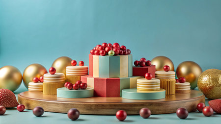 Abstract still life with red berries, geometric shapes, and gold balls on a wooden tray.の素材