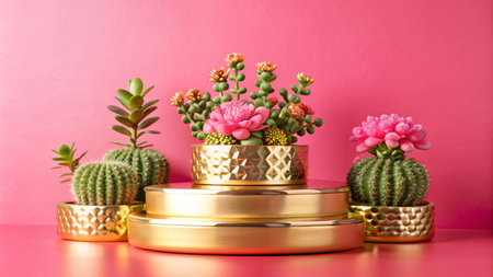 A still life of three cacti and a flowering succulent in gold pots on a pink background.の素材
