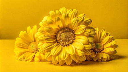Three yellow daisies on a yellow background.の素材