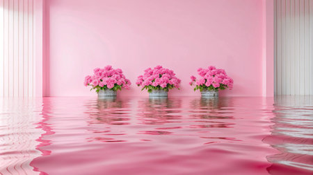 Three pink flower arrangements in pots on a flooded pink floor with white blinds.の素材