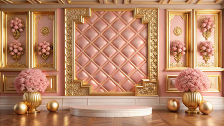 A  pink  and  gold  room  with  a  round  podium  in  the  center.の素材