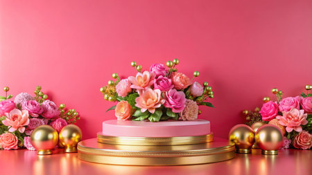 A pink and gold podium with flower decorations on a pink background.の素材