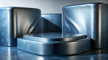 Abstract geometric shapes made of blue metal with soft lighting.の素材