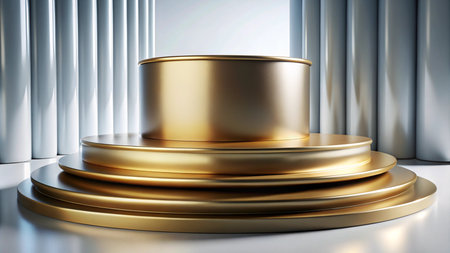 A gold podium with three steps, set against a backdrop of white curtains.の素材