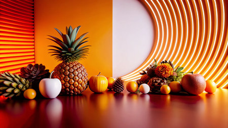 Still life of colorful fruits and pinecones on red surface with yellow and white background.の素材