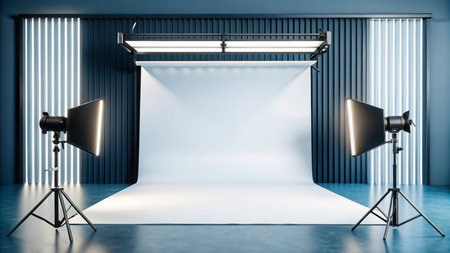 Empty photo studio with white backdrop and lighting equipment.の素材