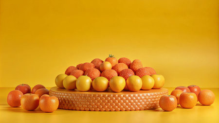 A vibrant display of oranges and tomatoes arranged in a pyramid shape on a textured platform against a bright yellow background.の素材