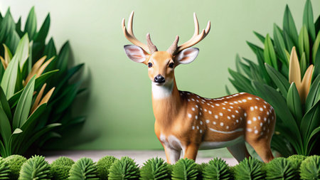 A spotted deer figurine stands in a lush green forest setting.の素材