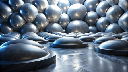 Abstract silver spheres and discs in a futuristic, geometric background.の素材
