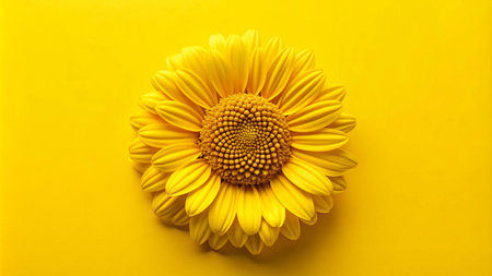 A single yellow sunflower sits on a vibrant yellow background.の素材