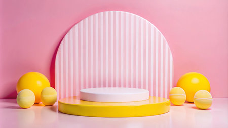 Minimalist pink and yellow product display podium with striped background and yellow spheres.の素材