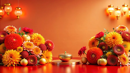 Festive Chinese New Year background with red and gold decorations and flowers.の素材