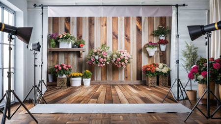 A photography studio setup with wooden backdrop and floral arrangements.の素材