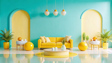 A yellow sofa with pillows sits in front of a light blue wall with arched doorways and yellow and white decor.の素材