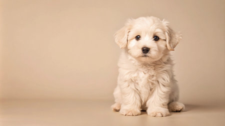 Adorable white puppy with big brown eyes sits against a neutral background.の素材