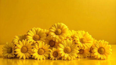 A bunch of bright yellow daisies on a yellow background.の素材